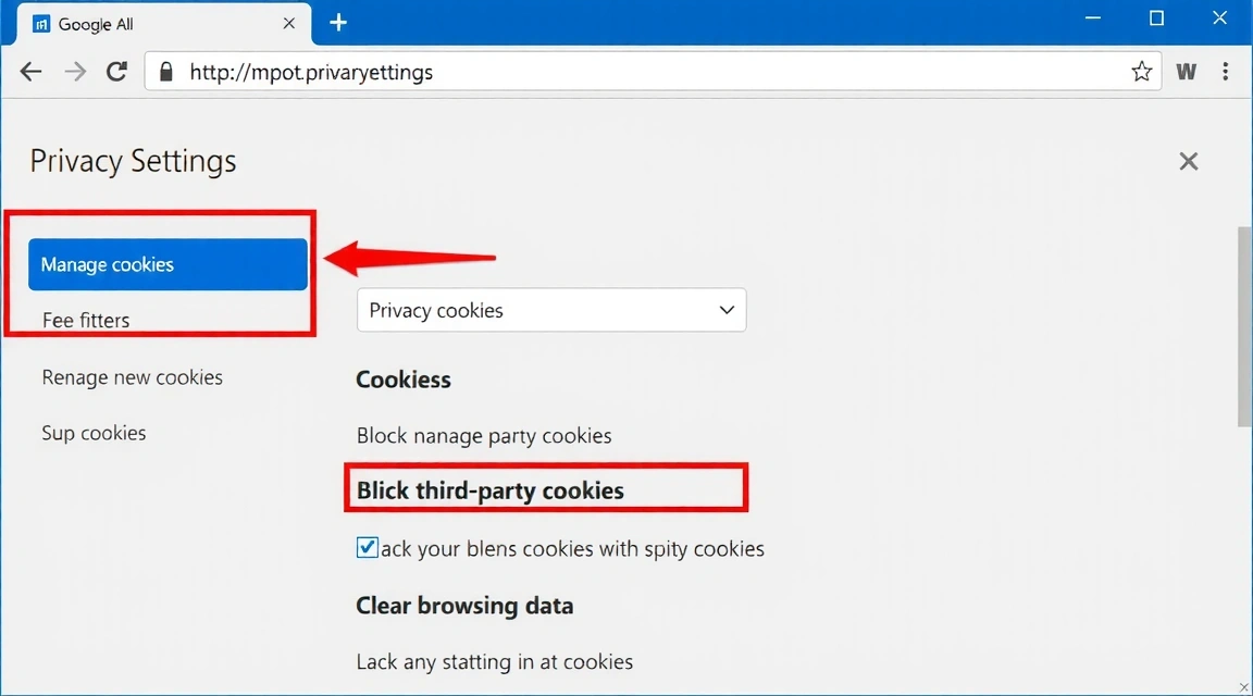 Configuración de privacidad en un navegador web, con opciones para gestionar cookies