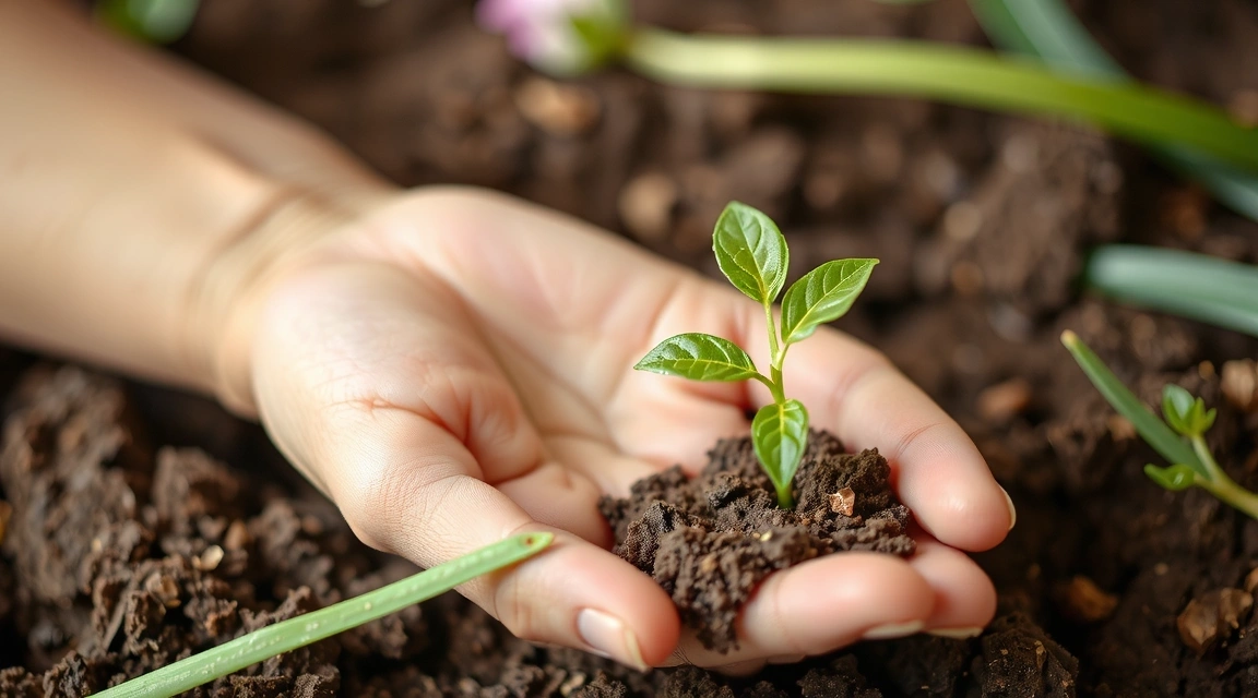 Mano sosteniendo una planta joven que crece en el suelo, simbolizando crecimiento natural y cuidado.