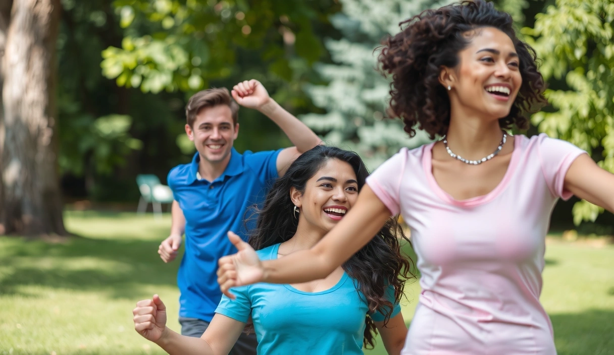 Personas saludables y enérgicas disfrutando de un entorno natural, colores brillantes y frescos.